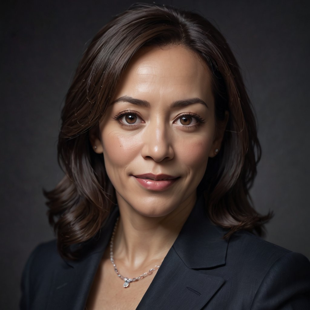 Kamala Harris, Vice President of the United States, exudes confident elegance in a medium shot against a dark background. Soft box lighting creates a flattering glow on her mature beauty, accentuating her silver fox hair and natural makeup. Her direct eye contact and subtle smile convey approachability and seriousness. A high-end camera captures her portrait with an 80mm lens at f/1.4, producing a shallow depth of field and film grain texture. The Canon EOS 5DS R, ISO 100, and 6x7cm medium format film ensure natural skin tones and color accuracy. No retouching or graphics are applied, allowing her mature presence to shine.