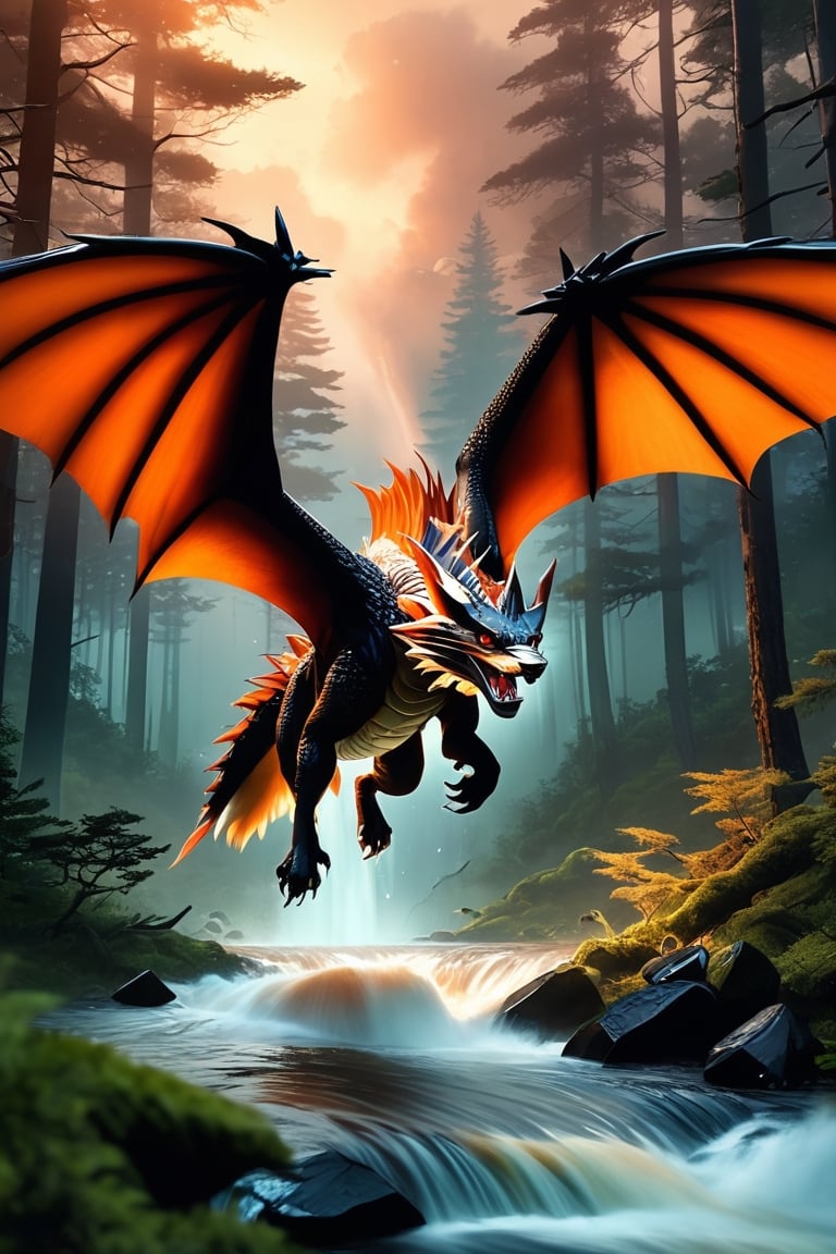 In a breathtaking scene inspired by Ghibli Studios and reminiscent of "Blade Runner 2",  a fierce dragon is caught amidst...