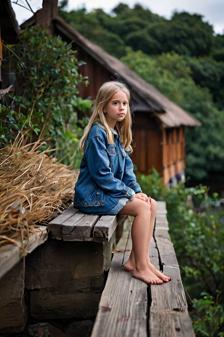  image captures a young girl with long, blonde hair, sitting on a blue ledge. She is wearing a blue jacket and a denim skirt, and her bare feet are crossed on the ledge. The girl is looking directly at the camera, and the background features a wooden structure with a thatched roof and green foliage. The lighting is moody and the image is taken with a long exposure, which gives it a dramatic effect. The overall mood of the image is serene and contemplative