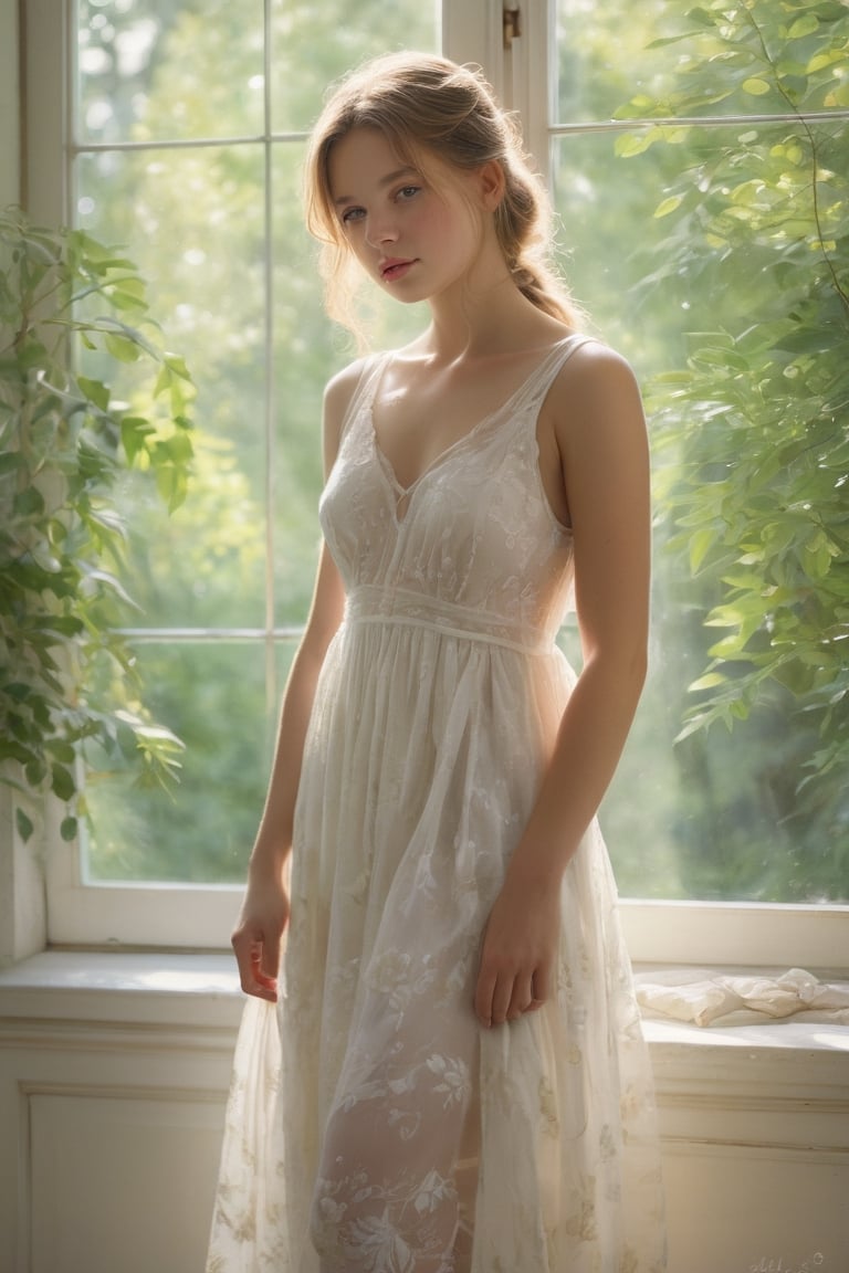Beautiful teenager in sheer white dress,  softly lit by ambient sunlight streaming through large windows with lush green f...