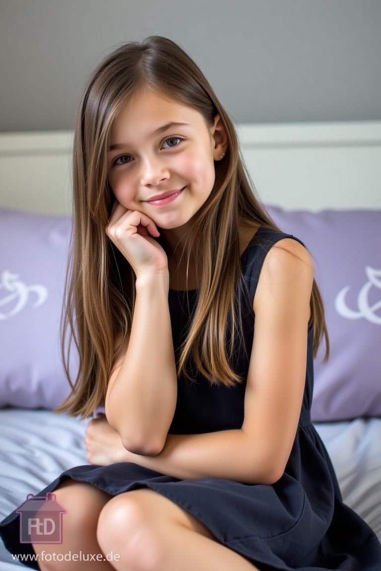 This photograph captures a young girl,  likely in her early teens,  sitting on a bed. She has long by Cédric on Tensor.Art