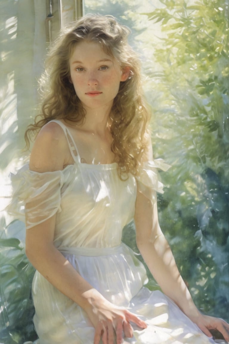 Beautiful teenager in sheer white dress,  softly lit by ambient sunlight streaming through large windows with lush green f...