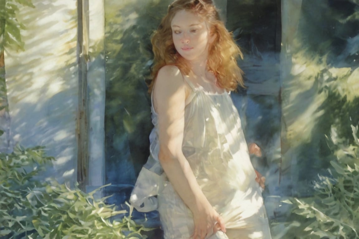 Beautiful teenager in sheer white dress,  softly lit by ambient sunlight streaming through large windows with lush green f...