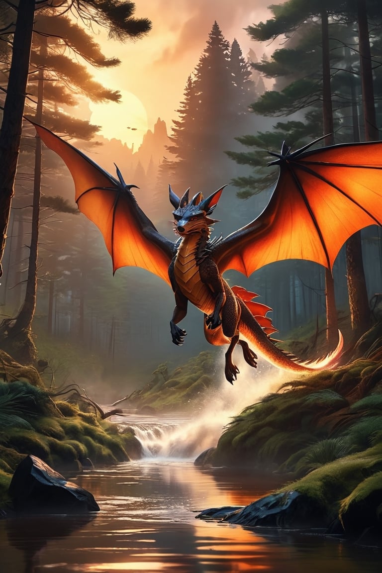 In a breathtaking scene inspired by Ghibli Studios and reminiscent of "Blade Runner 2",  a fierce dragon is caught amidst...