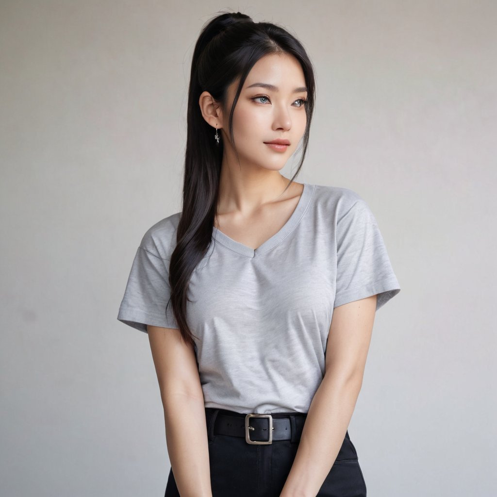 A young woman with long black hair, styled in a sleek ponytail, stands confidently in front of a clean white wall. Her gray t-shirt, featuring a cut-out neckline and short sleeves, is cinched at the waist by a black belt, adding a touch of sophistication to her outfit. Silver earrings adorn her ears as she gazes directly ahead, her eyes wide open and mouth slightly upturned, hinting at a playful smile.