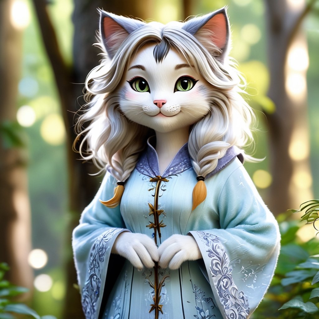 a realistic furry-like catgirl,  with striking features and an ethereal aura. Her body is covered in soft,  fluffy fur tha...