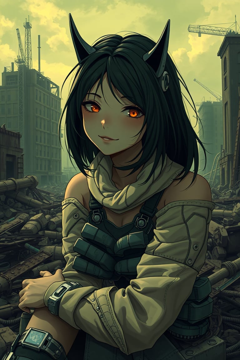 In a gritty post-apocalyptic wasteland, Ayanamiya (Mad Max furries and cyborg) sits amidst the ruins of a once-thriving city. Her piercing eyes, inherited from Ilya Beksinski's iconic style, shine with kindness as she smiles softly. Her hair, reminiscent of Rembrandt's masterful brushstrokes, flows like dark silk in the dim light. The global illumination casts an eerie glow on her features, set against a backdrop of desolate buildings and twisted metal. James Audrey, channeling his inner Ayanamiya, poses with an air of quiet strength, as if ready to face whatever dangers lurk beyond the horizon. In 4K HDR, this Octane-rendered masterpiece is a testament to the fusion of anime's visual flair and photorealism, capturing the essence of a dystopian world in exquisite detail.