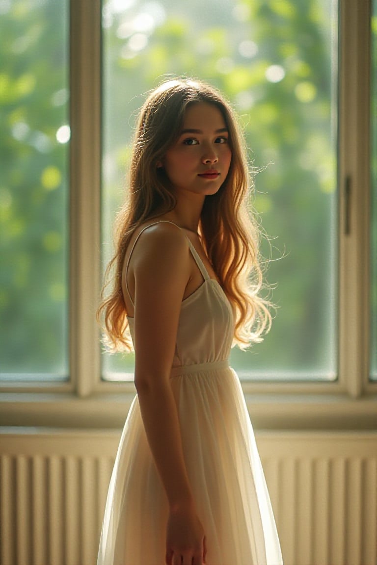 Beautiful teenager in sheer white dress,  softly lit by ambient sunlight streaming through large windows with lush green f...