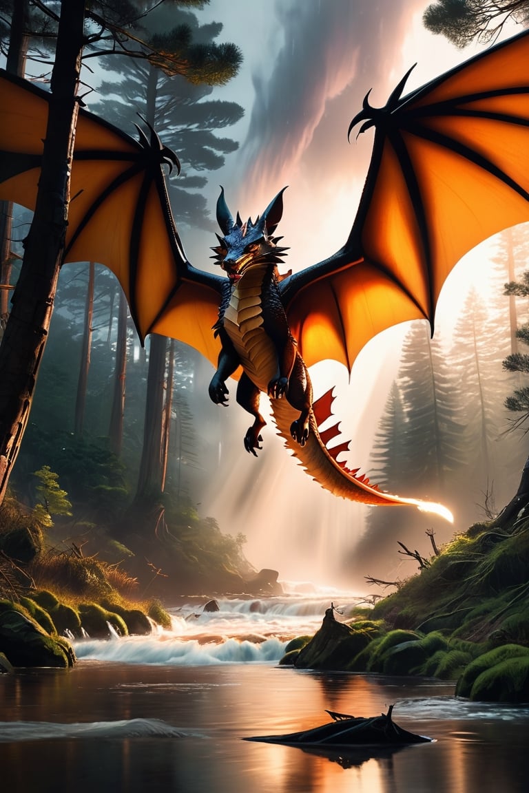 In a breathtaking scene inspired by Ghibli Studios and reminiscent of "Blade Runner 2",  a fierce dragon is caught amidst...