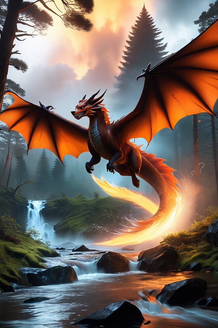 In a breathtaking scene inspired by Ghibli Studios and reminiscent of "Blade Runner 2",  a fierce dragon is caught amidst...