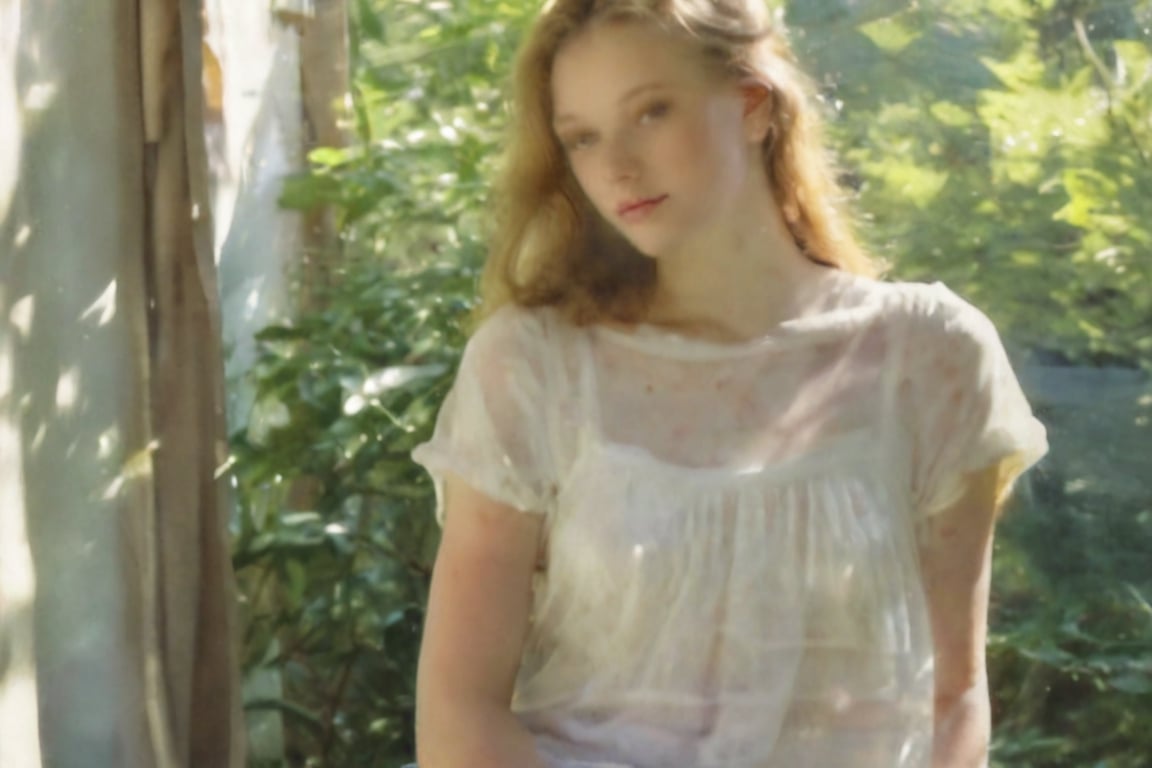 Beautiful teenager in sheer white dress,  softly lit by ambient sunlight streaming through large windows with lush green f...