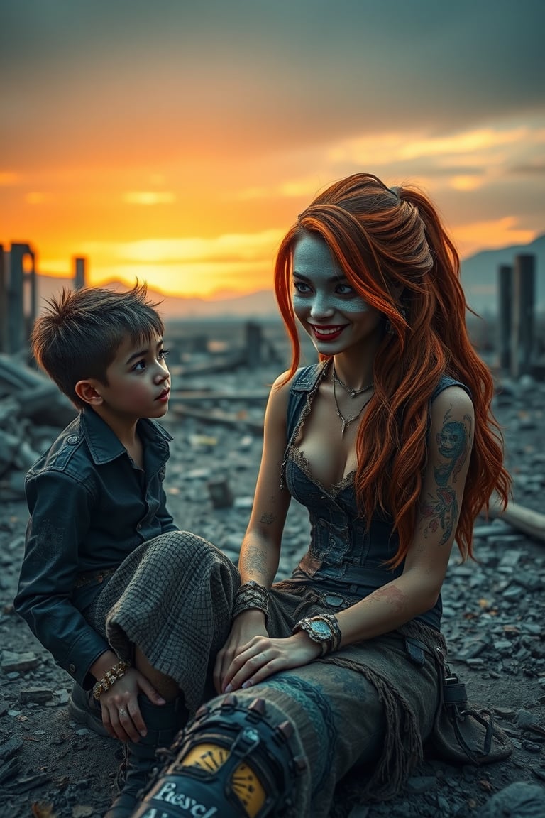 In a post-apocalyptic wasteland, Mad Max's Ayanamiya, sporting Ilya Prima-inspired striped eyes with a kind smile, sits amidst a backdrop of ruins. Her hair, reminiscent of Rembrandt's brushstrokes, cascades down her back like a fiery halo. Young James Audrey, donning stylish attire, stands beside her, his gaze fixed on Ayanamiya's enigmatic expression. The scene is set against a gradient of blues and oranges, with global illumination casting an otherworldly glow. Octane render brings forth hyper-realistic textures, as if the image has been plucked straight from a 4K HDR film. In this cinematic tableau, the juxtaposition of Ayanamiya's serene beauty and the desolate landscape creates a thought-provoking commentary on hope amidst chaos.