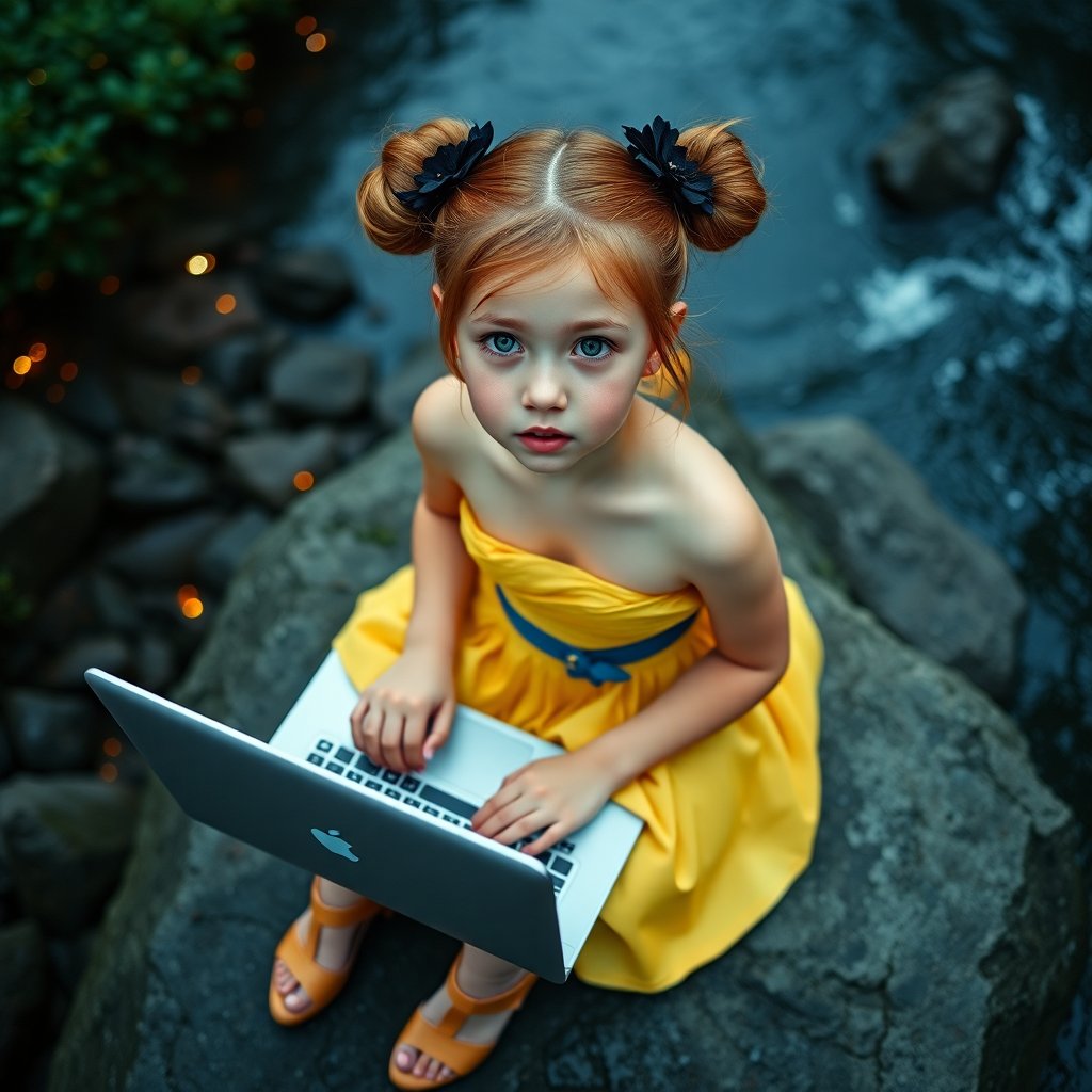 A young girl with fair skin, golden-brown hair in buns, and an innocent yet curious expression sits on rocky terrain by a river, dressed in a strapless yellow dress with a blue waist sash and beige high heels. She wears a black floral hair accessory and is engaged with a laptop, representing technology integration in fashion. The scene is set in a natural, bioluminescent environment with soft pastel lighting and multi-colored hues from below, casting a cool, ethereal glow. The close-up, selfie angle captures her slightly tilted head, with blurred foliage in the background. The high perspective shot, taken with a Canon EOS 5D Mark IV and Canon EF 24-70mm f/2.8L II, features film grain and a cool color palette, evoking the visual style of director David Lynch.