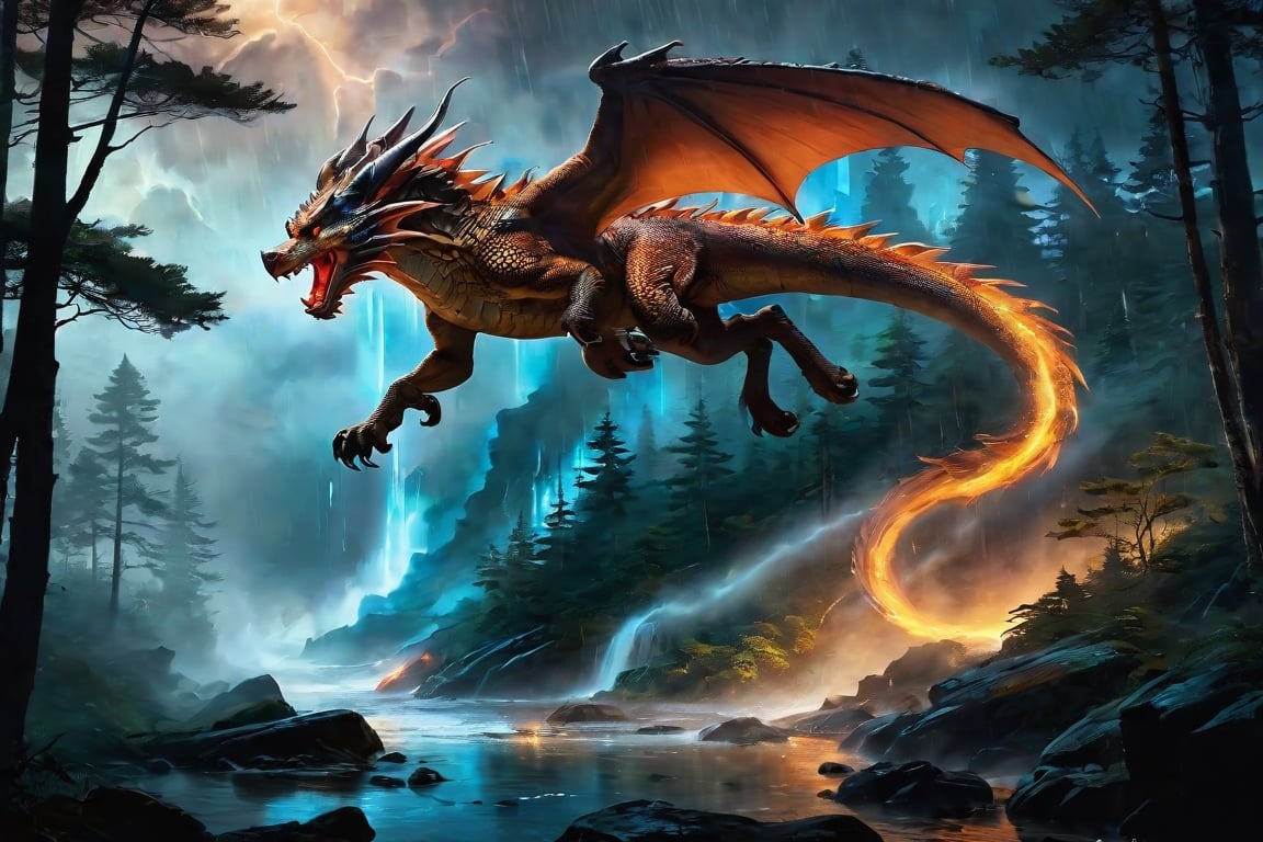 In a breathtaking scene inspired by Ghibli Studios and reminiscent of "Blade Runner 2",  a fierce dragon is caught amidst...