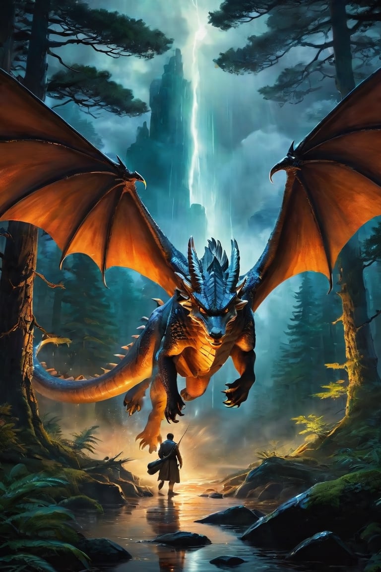 In a breathtaking scene inspired by Ghibli Studios and reminiscent of "Blade Runner 2",  a fierce dragon is caught amidst...