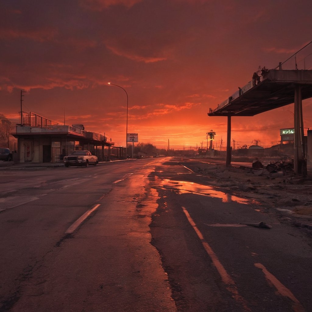 Here is a prompt that captures the eerie scene:

Create an image of a deserted service area on the highway to hell, with an ominous red sky casting a menacing glow over the scene. Flickering fluorescent lights illuminate rusty metal structures and fading signs, conveying a sense of decay and abandonment. In the background, the highway stretches towards a fiery horizon, immersing viewers in an unsettling atmosphere.