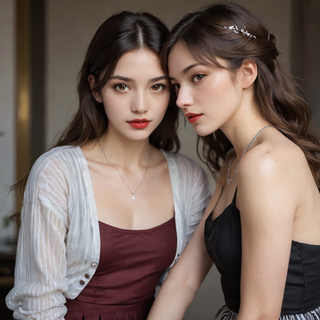 A tender moment unfolds as two young women share a quiet intimacy in a soft-focus close-up. The woman on the left cradles her head on the shoulder of her friend, their long hair flowing like silk. The striped skirt adds a pop of color against the neutral tones. The woman on the right wears a bold black top with a silver chain necklace glinting in the subtle light. Their dark brown eyes and deep red lips are painted with precision. In the background, a small rectangular mirror hangs at an angle, its glassy surface reflecting the serene atmosphere.