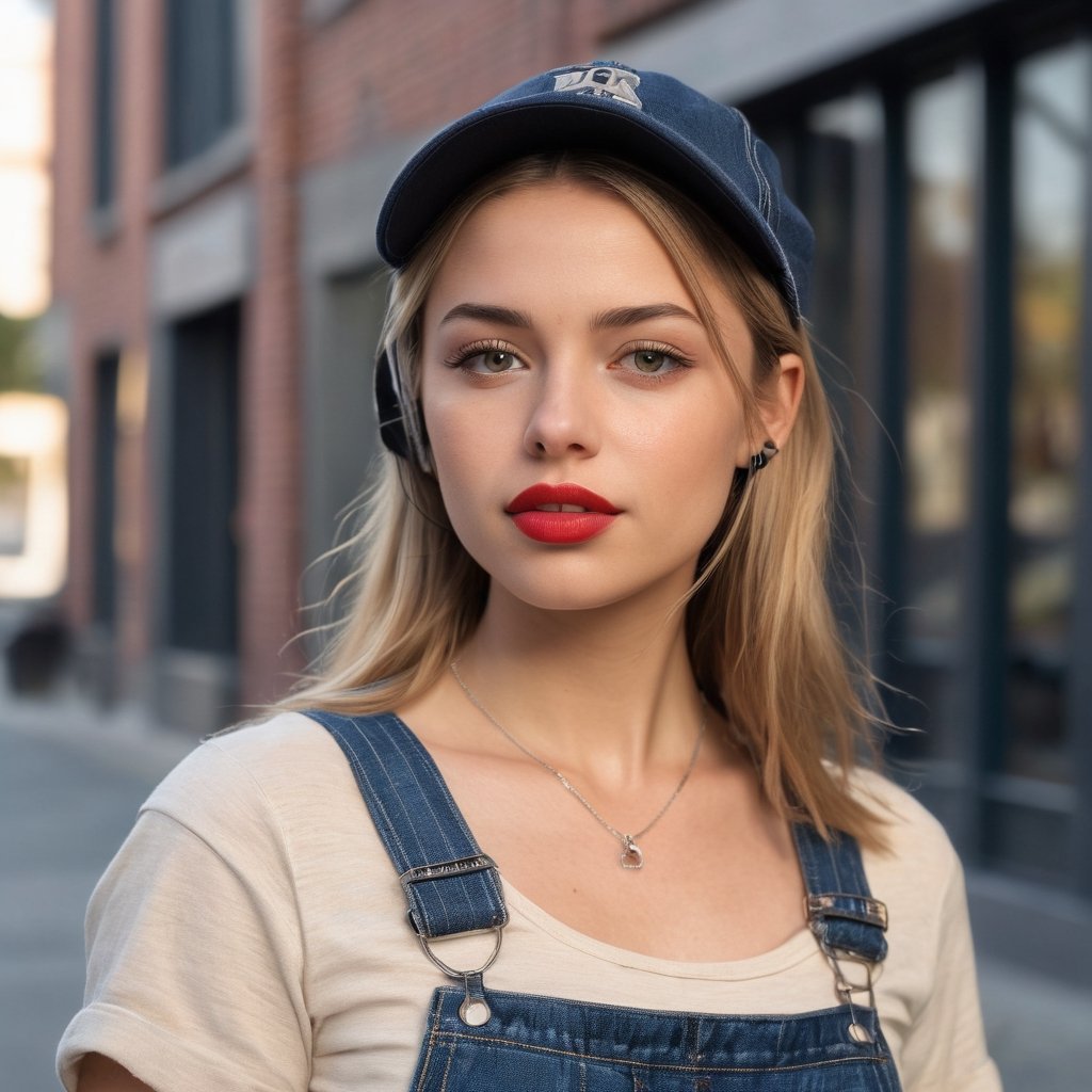 The image is a portrait-style photograph of a young woman standing outdoors. She has light brown hair and is wearing makeu...