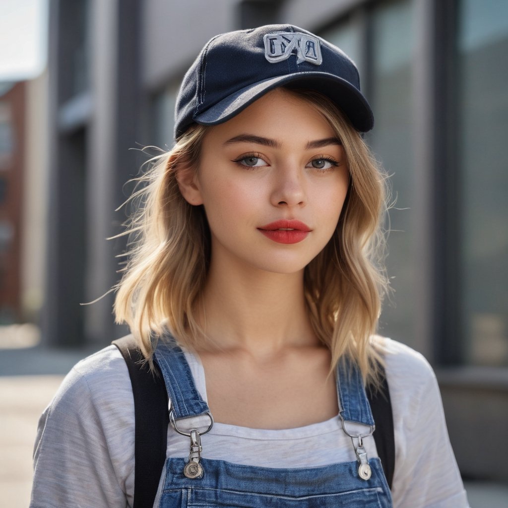 The image is a portrait-style photograph of a young woman standing outdoors. She has light brown hair and is wearing makeu...