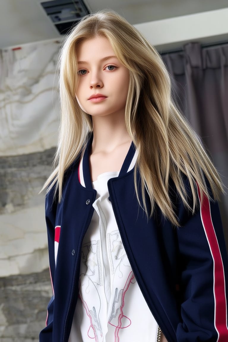 A young woman with fair, matte skin and long, straight light brown hair in a high ponytail stands close-up, her large, expressive green eyes tilted upward in curiosity. She wears a soft, fuzzy navy blue varsity jacket with red and white stripes over a white shirt with intricate silver embroidery. Behind her, a non-Euclidean architect with plaited hair and a lip ring, dressed in green cargo pants, black t-shirt, and hiking boots, stands straight, hands clasping a bag, weight on right leg, smiling. They are inside a high-tech orbital space station, with a stone wall and draped curtains, studio lighting with strong rim light, creating a double complementary (tetradic) color palette. The scene is framed with a shallow depth of field, emphasizing the young woman's youthful and approachable appearance, reminiscent of a Bob Ross painting, with subtle film grain and pastel color grading, capturing a moment of wisdom transfer and intimacy.,tronggg