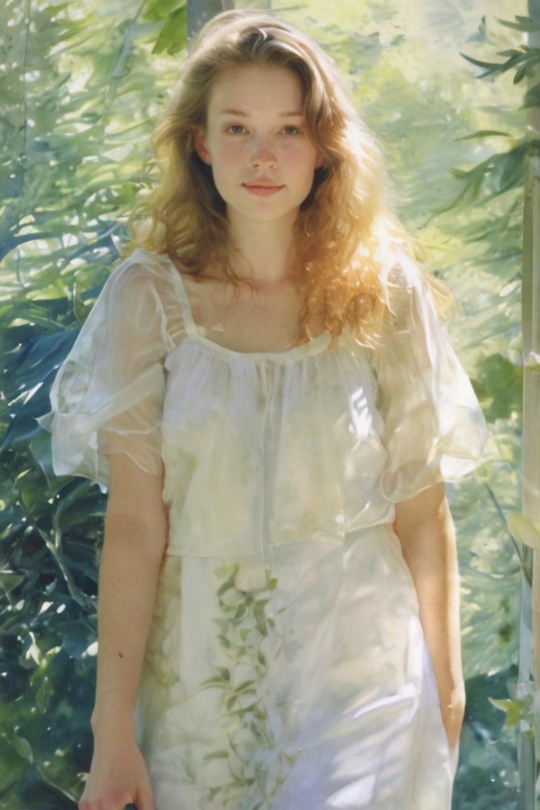 Beautiful teenager in sheer white dress,  softly lit by ambient sunlight streaming through large windows with lush green f...