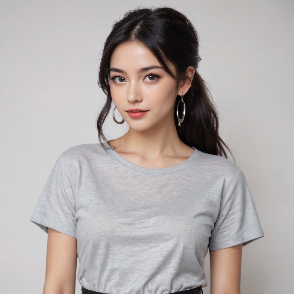 in a medium shot, a young woman with long black hair is captured in front of a white wall. she's dressed in a gray t-shirt that features a cut-out neckline and short sleeves. the shirt is adorned with a black belt around her waist, adding a touch of elegance to her ensemble. her hair is tied back into a ponytail, and she wears a pair of silver earrings on each ear. her eyes are wide open, and her mouth is slightly ajar, revealing a hint of a smile.