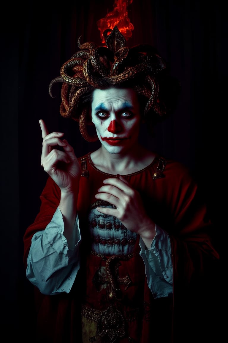 In a hauntingly lit, dimly veiled chamber, a grotesque clown clad in sacred vestments poses with an air of malevolent reverence. Medusa's snake-haired visage writhes across his pale skin like a living curse, as if hellish energies course through his very being. The eerie glow of Cinestillidoscurio's vivid hues casts an otherworldly sheen, illuminating the twisted juxtaposition of sacred and profane.