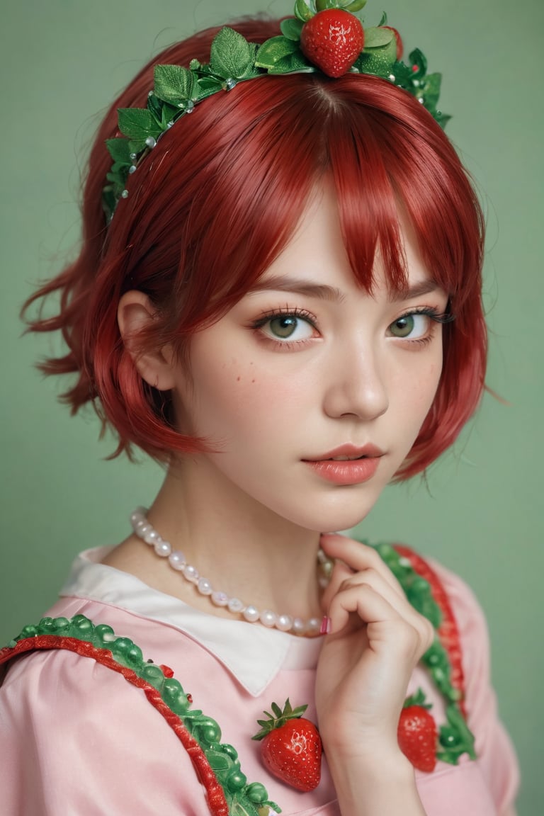 a detailed close-up captures a young woman, clad in a vibrant strawberry costume. her red hair is styled into a bob cut, accentuated by a crown adorned with green and white beads. the costume's apron features a large strawberry motif, adding a playful touch to the ensemble. the woman's eyes are painted a striking green, while her lips are a radiant pink. her hands rest on her chin, framing her face perfectly