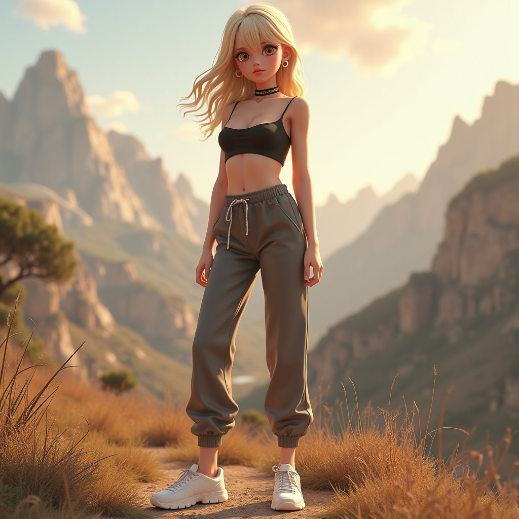 In this image, we see a charming and alluring French high schooler, dressed in a chic outfit consisting of a cropped top and yoga pants, adorned with a black choker and white sneakers. The backdrop of the scene is an incredibly detailed and stunning landscape, with epic scenery that further enhances the overall aesthetic of the image.

The character possesses a variety of striking features, including lush blonde hair, captivating golden watery eyes, and a full round face that exudes both sensuality and approachability. The image has been meticulously crafted using advanced techniques such as Octane render, post-processing, and digital painting to produce a visually stunning result with unparalleled clarity and richness. As such, it's no wonder that this artwork has garnered significant attention and praise from the CG community, even trending on prestigious platforms like cgsociety.

The creation of this captivating image was made possible by the combined talents of WLOP and Tene Culture, who have once again demonstrated their expertise in producing visually stunning and emotionally engaging digital art. This high-resolution 8K masterpiece