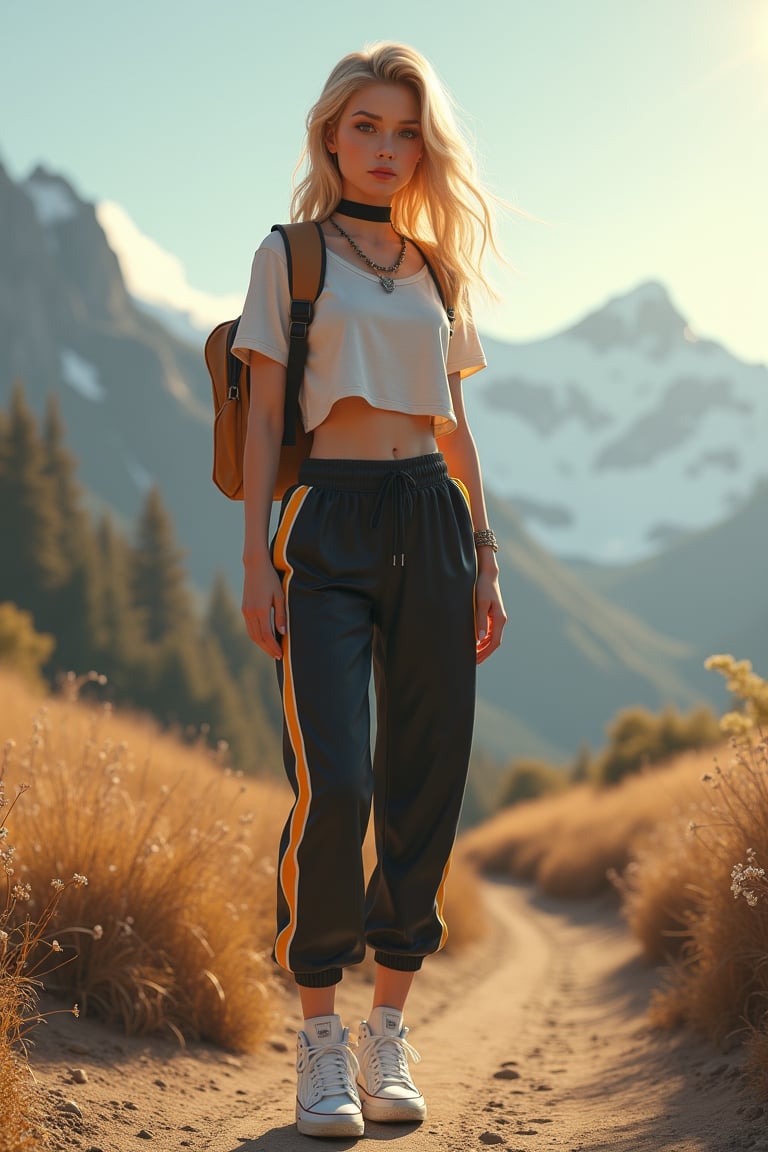 In this image,  we see a charming and alluring French high schooler,  dressed in a chic outfit consisting of a cropped top...