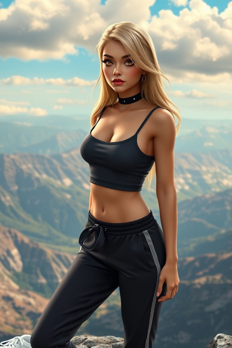 In this image,  we see a charming and alluring French high schooler,  dressed in a chic outfit consisting of a cropped top...