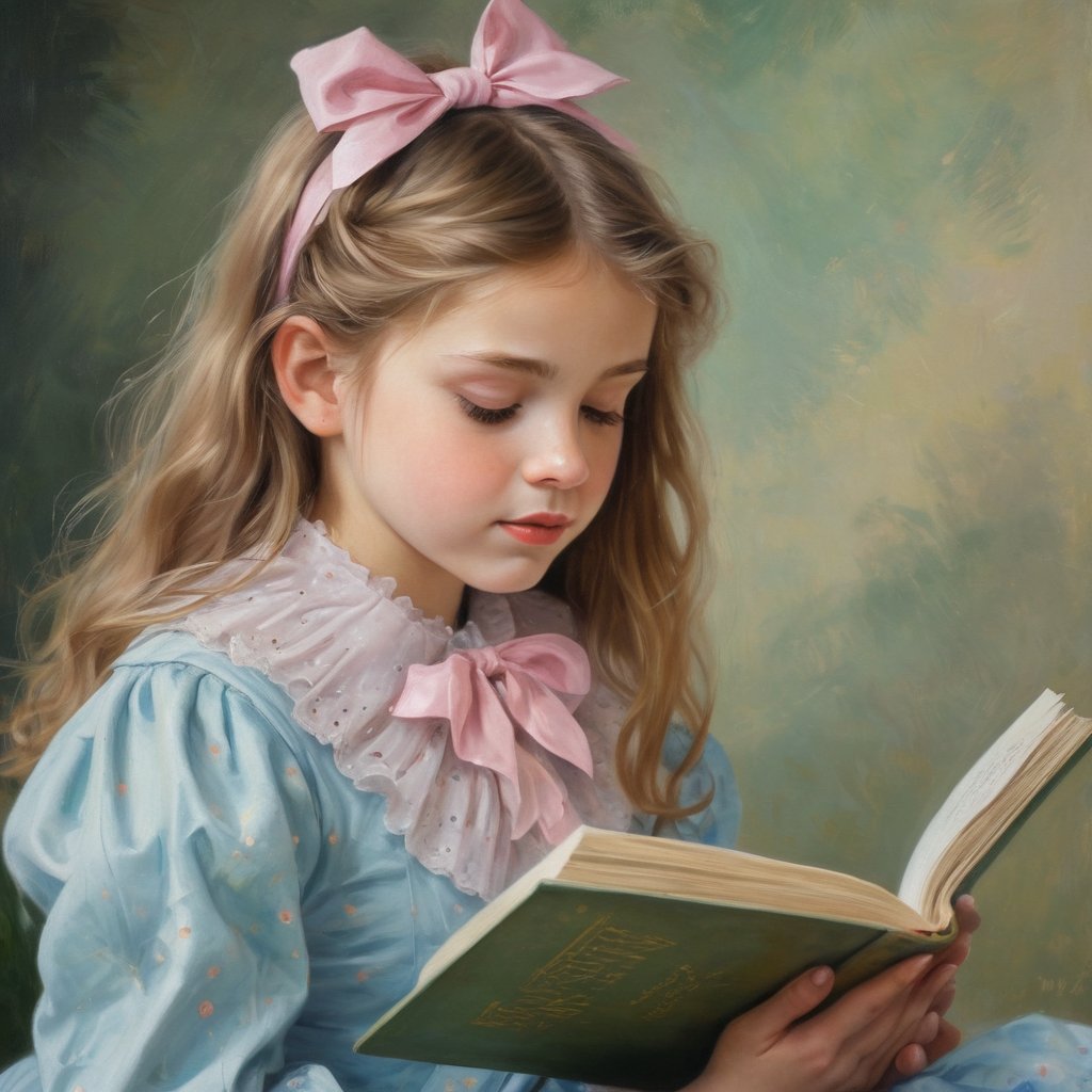 The image is a painting in an impressionist style, depicting a young girl with long, wavy, light brown hair adorned with a pink bow on the right side. She is shown in profile, facing to the left, and is dressed in a light blue, polka-dotted dress with a high collar. The girl appears to be engrossed in reading a book, which she holds in her right hand, her left hand resting on her lap. The background is a blurred, abstract mixture of greens and yellows, suggesting an outdoor setting with tall, grassy vegetation. The painting is executed in soft, blended brushstrokes, characteristic of impressionist art, which gives a gentle, dreamy quality to the image. The girl's expression is calm and focused, her eyes looking down at the book. The overall mood of the painting is serene and contemplative, capturing a quiet moment of reading and reflection. The texture of the painting is smooth and rich, with a soft, luminous quality that enhances the impressionistic style.