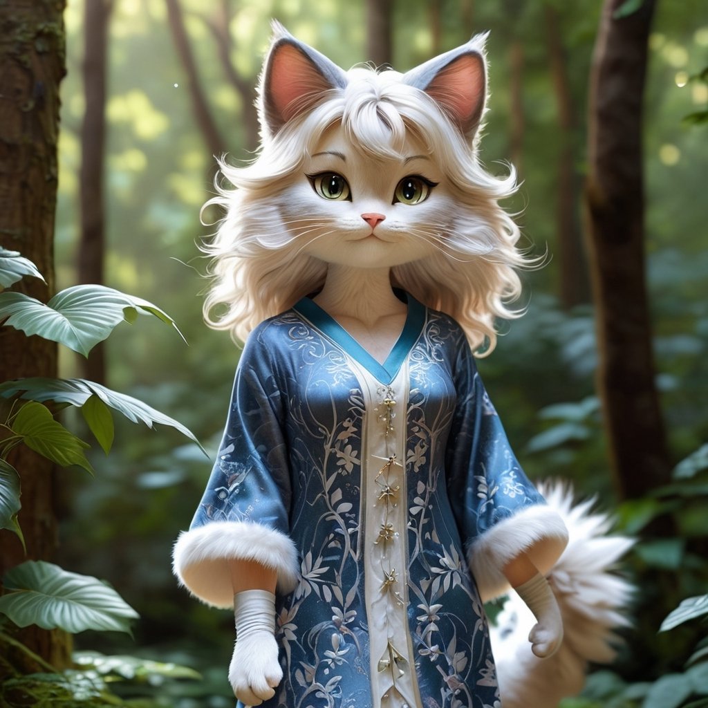 a realistic furry-like catgirl,  with striking features and an ethereal aura. Her body is covered in soft,  fluffy fur tha...