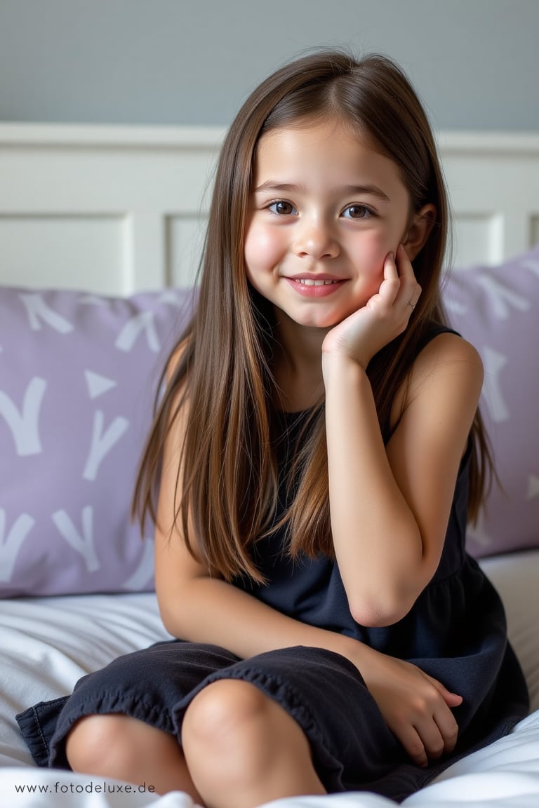 This photograph captures a young girl,  likely in her early teens,  sitting on a bed. She has long by Cédric on Tensor.Art