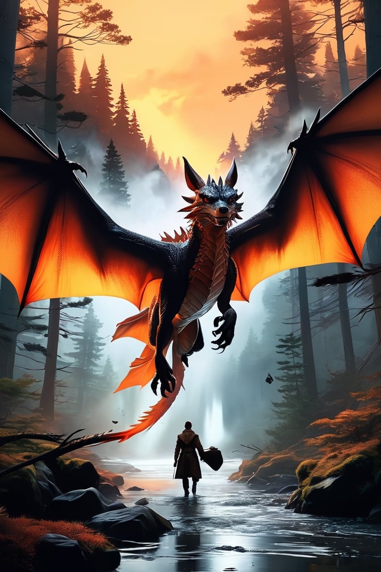 In a breathtaking scene inspired by Ghibli Studios and reminiscent of "Blade Runner 2",  a fierce dragon is caught amidst...