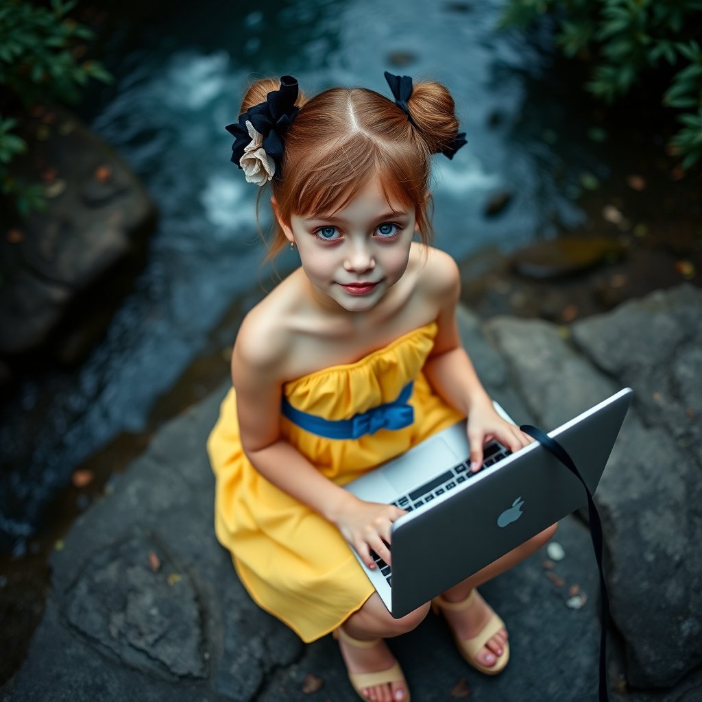 A young girl with fair skin, golden-brown hair in buns, and an innocent yet curious expression sits on rocky terrain by a river, dressed in a strapless yellow dress with a blue waist sash and beige high heels. She wears a black floral hair accessory and is engaged with a laptop, representing technology integration in fashion. The scene is set in a natural, bioluminescent environment with soft pastel lighting and multi-colored hues from below, casting a cool, ethereal glow. The close-up, selfie angle captures her slightly tilted head, with blurred foliage in the background. The high perspective shot, taken with a Canon EOS 5D Mark IV and Canon EF 24-70mm f/2.8L II, features film grain and a cool color palette, evoking the visual style of director David Lynch.