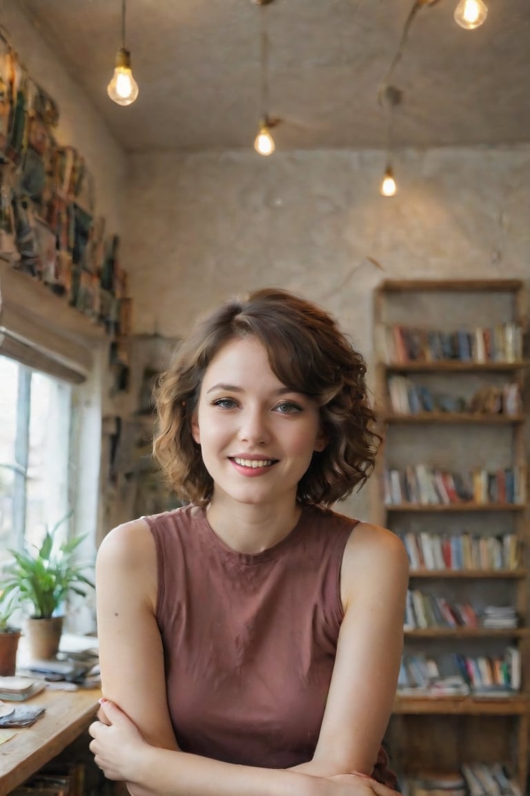 In a cozy, whimsical setting reminiscent of a vintage bookstore, the enchanting young muse stands amidst an eclectic living space, surrounded by the vibrant hues and textures of Antipodean art. Her wavy, short top hair adds a playful touch, contrasting with her shoulder-length brown locks that frame her charming small smile. The 1.6m beauty's delicate features are illuminated by soft, warm lighting, as if sunlight filters through a dusty window. She poses relaxed yet alluring, surrounded by the eclectic trappings of Offaganetown's quirky charm.