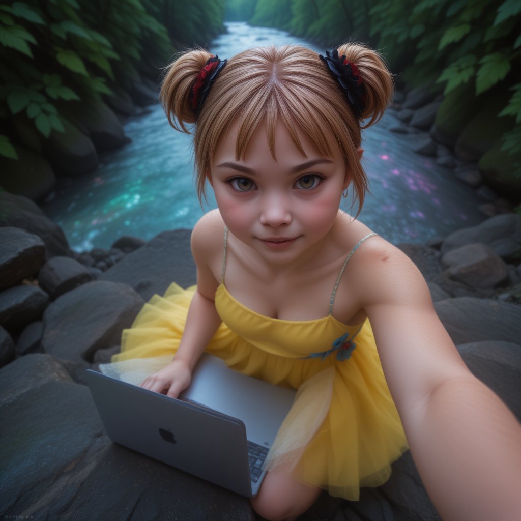 A young girl with fair skin, golden-brown hair in buns, and an innocent yet curious expression sits on rocky terrain by a river, dressed in a strapless yellow dress with a blue waist sash and beige high heels. She wears a black floral hair accessory and is engaged with a laptop, representing technology integration in fashion. The scene is set in a natural, bioluminescent environment with soft pastel lighting and multi-colored hues from below, casting a cool, ethereal glow. The close-up, selfie angle captures her slightly tilted head, with blurred foliage in the background. The high perspective shot, taken with a Canon EOS 5D Mark IV and Canon EF 24-70mm f/2.8L II, features film grain and a cool color palette, evoking the visual style of director David Lynch.