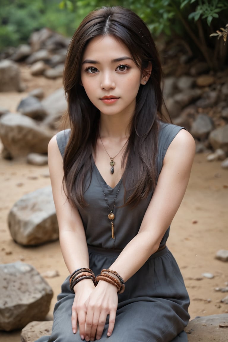 A serene and elegant subject emerges from a rustic setting. Framed by the dark brown cascading hair, the high-angle perspective captures the subject's wide-eyed gaze reflecting a sense of peace. Arms outstretched, adorned with bracelets, contrast against the muddy bank as they sit on the natural terrain. The blurred backdrop of dirt and rocks adds an earthy ambiance, harmonizing with the subject's calm demeanor.