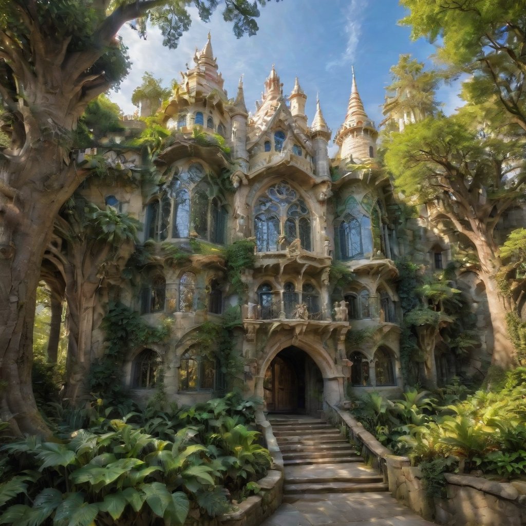 Rivendell's Enchanted Realm: Discover the mystical allure of this otherworldly destination. A serene emerald expanse unfolds before you, cradling majestic Gothic-Revival and Art Nouveau structures that seem to defy gravity. Waterfalls cascade down ancient stone facades, as whimsical Gaudí-inspired details dance in harmony with the soft golden light. The tranquil atmosphere beckons you to wander through lush greenery, where mythical creatures might just be hiding amidst the architectural wonders.