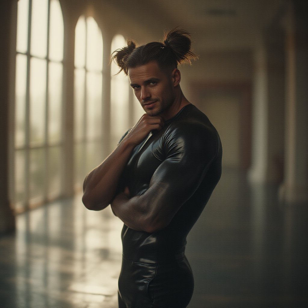 A muscular man with twintails hair and hairclips, dressed in a sleek, shiny black latex suit, stands in a minimalistic indoor setting with large windows offering an outdoor view. He faces the camera with a slight smile, touching his neck. The scene is set in an underground world beneath the earth's surface, with an analogous color palette and anamorphic lens flares. Strong studio lighting with a prominent rim light highlights his defined features, creating a super-realistic, finely-crafted, and naturalistic look. The background features subtle neoclassical elements and quilling art inspired by Henri Rousseau, adding an iconic and surreal touch. The lighting setup includes a soft key light from the front, a strong back light for the rim, and fill lights on either side to balance the shadows, all contributing to a neoclassical and dramatic atmosphere. Film grain and a square color palette enhance the visual depth and texture, capturing the essence of a high-contrast, cinematic shot.