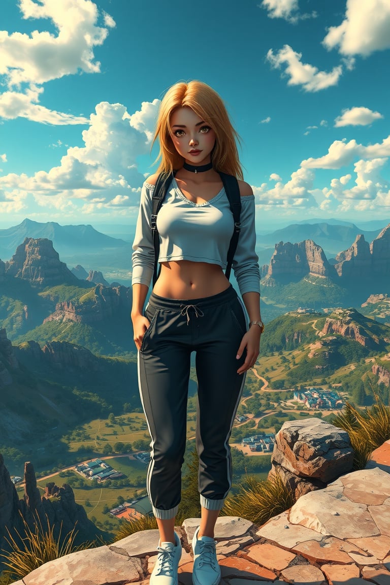 In this image,  we see a charming and alluring French high schooler,  dressed in a chic outfit consisting of a cropped top...