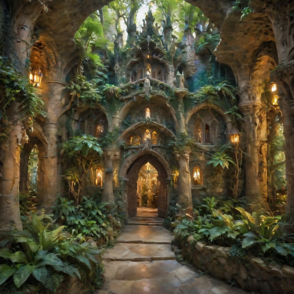 Rivendell's Enchanted Realm: Discover the mystical allure of this otherworldly destination. A serene emerald expanse unfolds before you, cradling majestic Gothic-Revival and Art Nouveau structures that seem to defy gravity. Waterfalls cascade down ancient stone facades, as whimsical Gaudí-inspired details dance in harmony with the soft golden light. The tranquil atmosphere beckons you to wander through lush greenery, where mythical creatures might just be hiding amidst the architectural wonders.