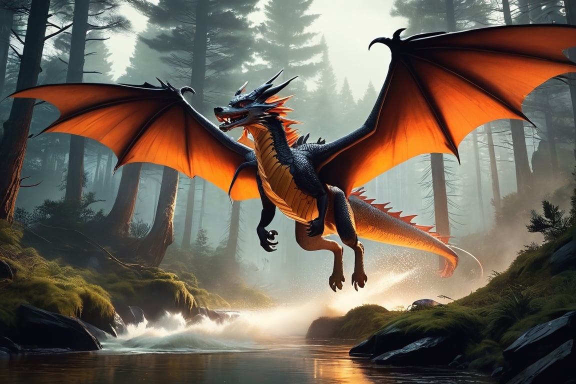In a breathtaking scene inspired by Ghibli Studios and reminiscent of "Blade Runner 2",  a fierce dragon is caught amidst...