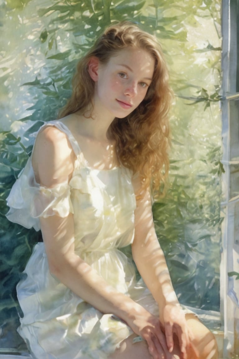 Beautiful teenager in sheer white dress,  softly lit by ambient sunlight streaming through large windows with lush green f...