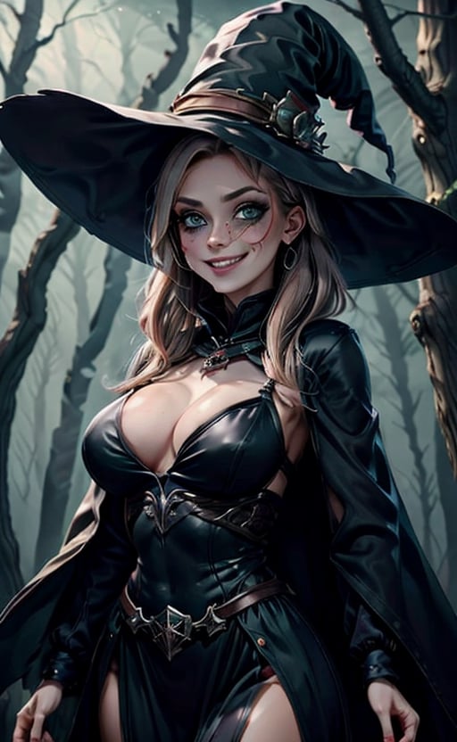 girl, bufon, witch_hat, witch_costume, dark forest, fantasmagoric, midnight, lighting, ravens on trees, creepy trees, big boobs, crazy smile, green eyes