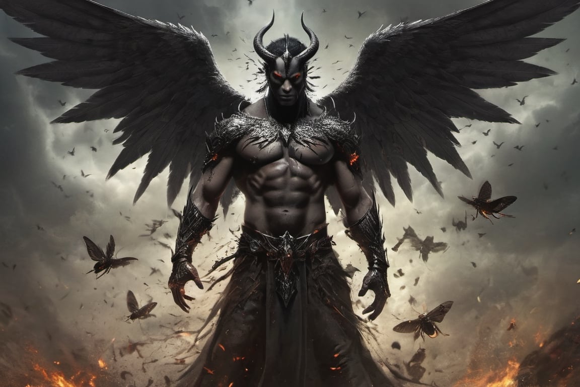 Create a realistic photo of Prince of hell Baal-Zebul, is the Fallen Angel of flies, pestilence and famine. He is one of the Seven Princes of Hell and the leader of the powers of the air. Originally a Seraphim, he is currently one of the supreme leaders of Hell. Beelzebub most often appears as a massive fly of unknown species with human-like skulls tattooed on his wings and a crown on top of his head. But being a demon, he has the ability to choose a different form. In his human form, he is covered in black aura and is surrounded by flies. .Sharp focus, high detailed ,background of hell.,,more detail XL, full_body 