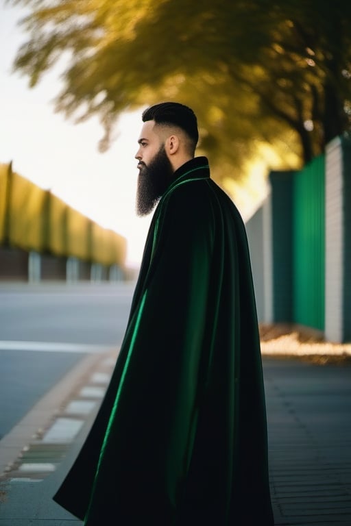 a man with a beard and a black robe on a street corner with a fence in the background and a green tree,  Dan Content,  fac...