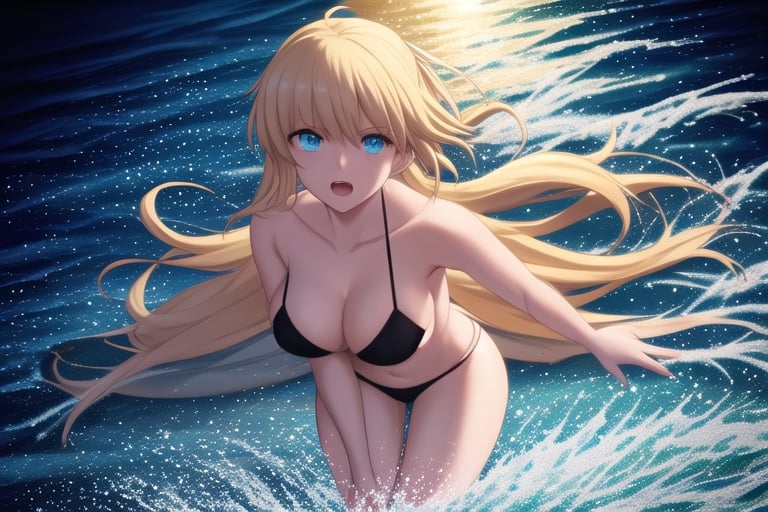 a cartoon of a phSaber in a bikini on a surfboard in the ocean , Ay-O, ocean, an anime drawing,1girl, bikini, black bikini, blonde hair, blue eyes, breasts, cleavage, phSaber, english text, hair ornament, hair over one eye, large breasts, long hair, navel, ocean, open mouth, solo, , swimsuit, very long hair, wading, water ,High-res, impeccable composition, lifelike details, perfect proportions, stunning colors, captivating lighting, interesting subjects, creative angle, attractive background, well-timed moment, intentional focus, balanced editing, harmonious colors, contemporary aesthetics, handcrafted with precision, vivid emotions, joyful impact, exceptional quality, powerful message, in Raphael style, unreal engine 5,octane render,isometric,beautiful detailed eyes,super detailed face and eyes and clothes,More Detail,phSaber,<lora:659111690174031528:1.0>