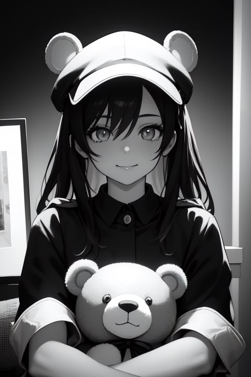a drawing of a girl with a hat and a teddy bear on her lap and a teddy bear on her shoulder,  Ai-Mitsu,  official art by C...